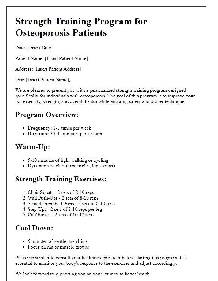 Letter template of strength training program for osteoporosis patients.