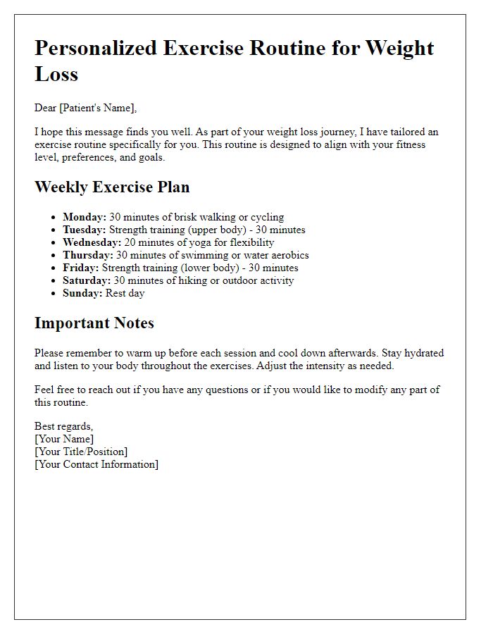 Letter template of tailored exercise routine for weight loss patients.