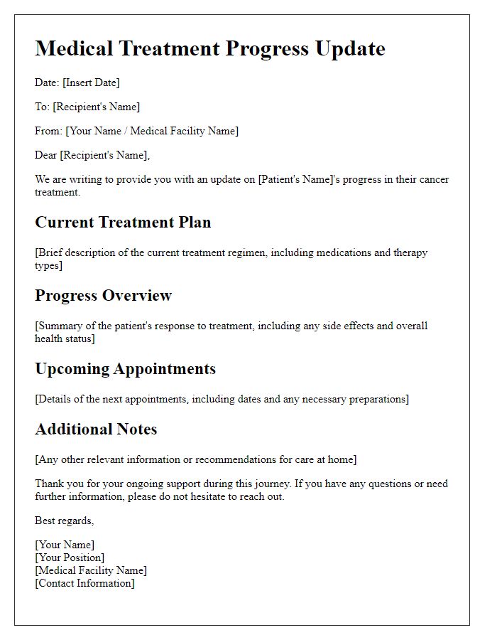 Letter template of medical treatment progress update for cancer treatment