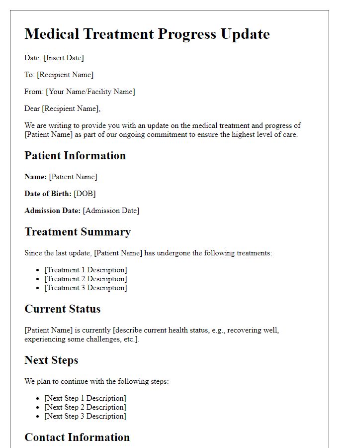 Letter template of medical treatment progress update for elderly care