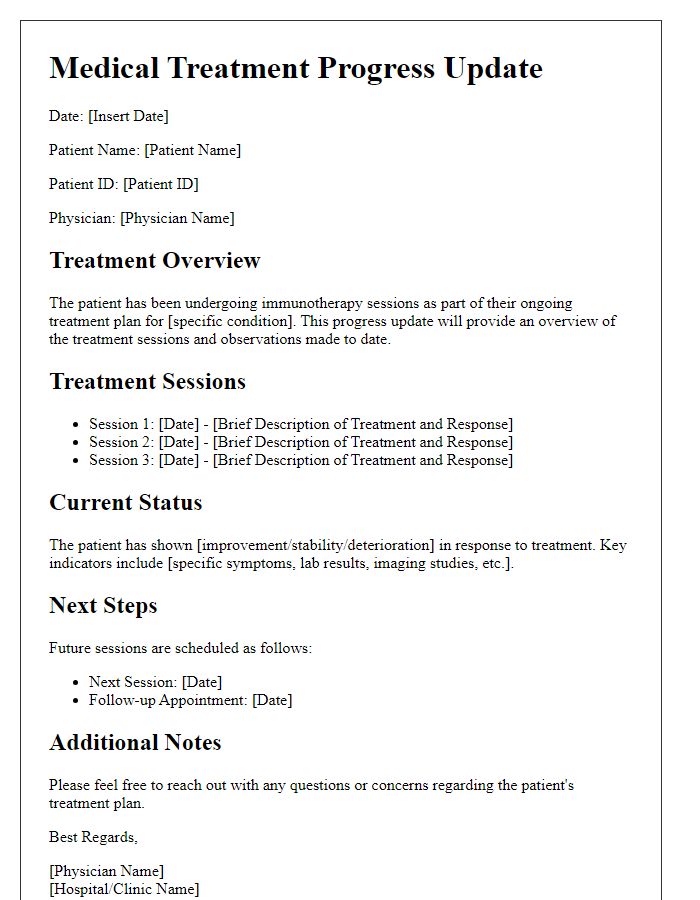 Letter template of medical treatment progress update for immunotherapy sessions