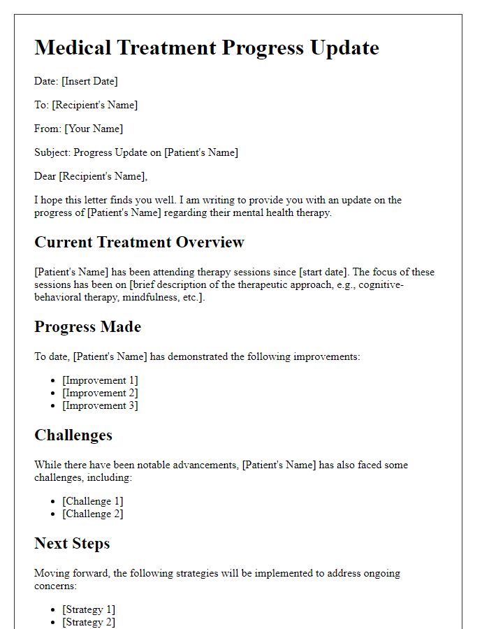 Letter template of medical treatment progress update for mental health therapy