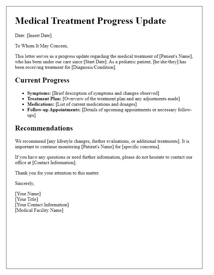 Letter template of medical treatment progress update for pediatric care