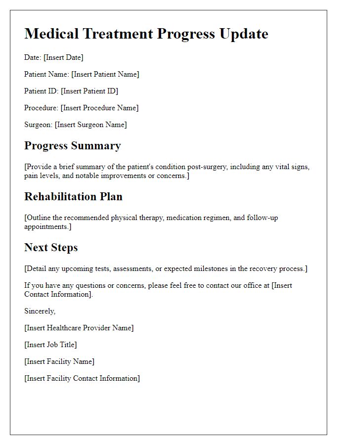 Letter template of medical treatment progress update for post-surgery recovery