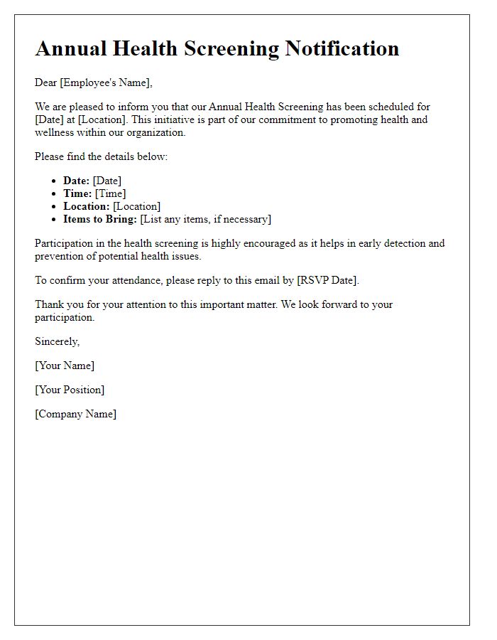 Letter template of Annual Health Screening Notification