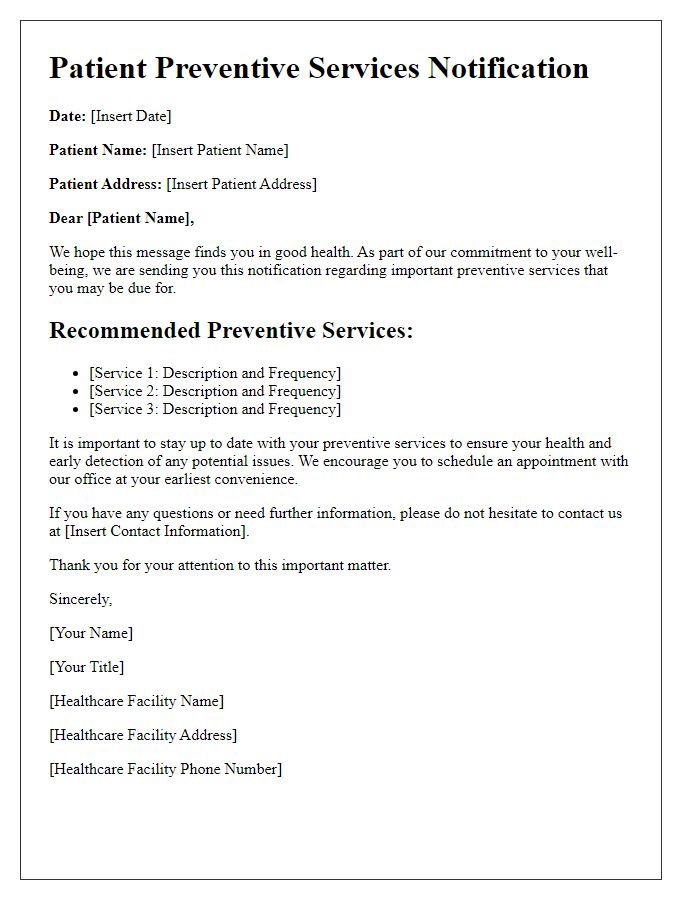 Letter template of Patient Preventive Services Notification