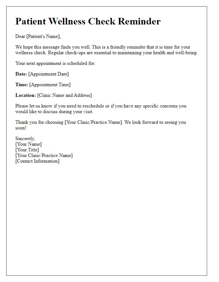 Letter template of Patient Wellness Check Reminder