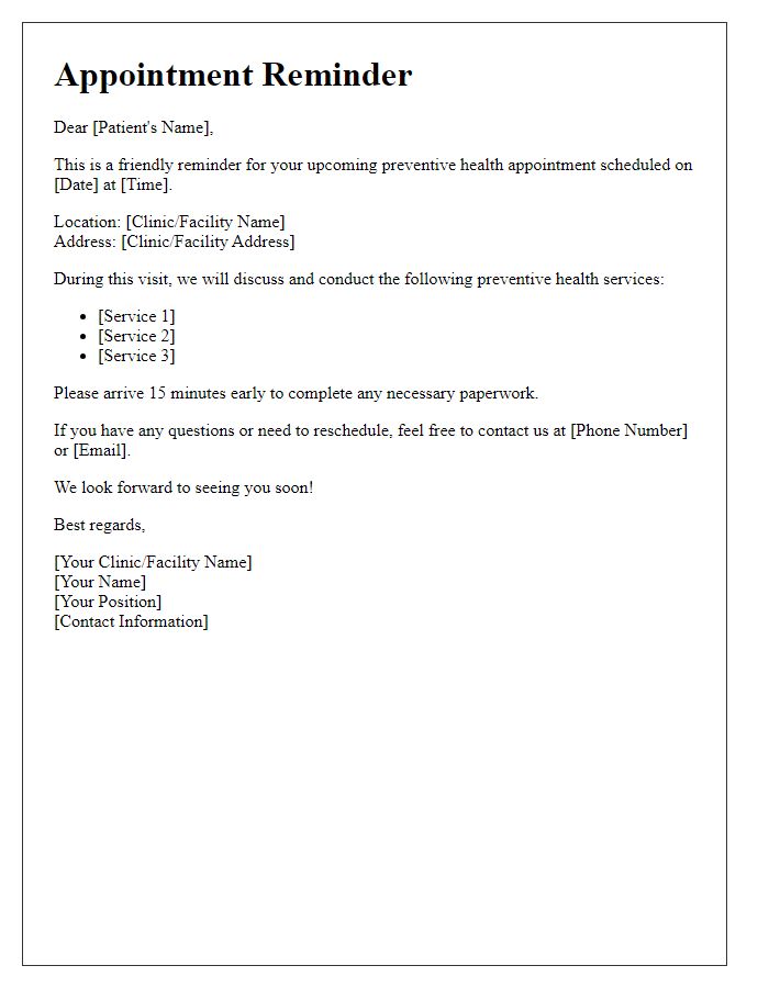 Letter template of Preventive Health Appointment Reminder