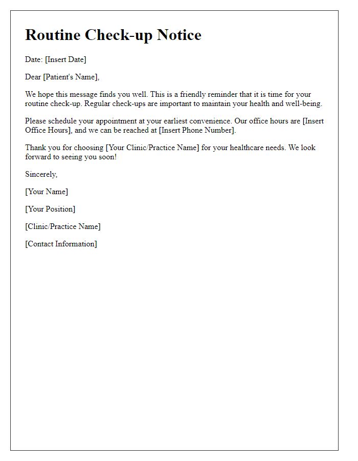 Letter template of Routine Check-up Notice