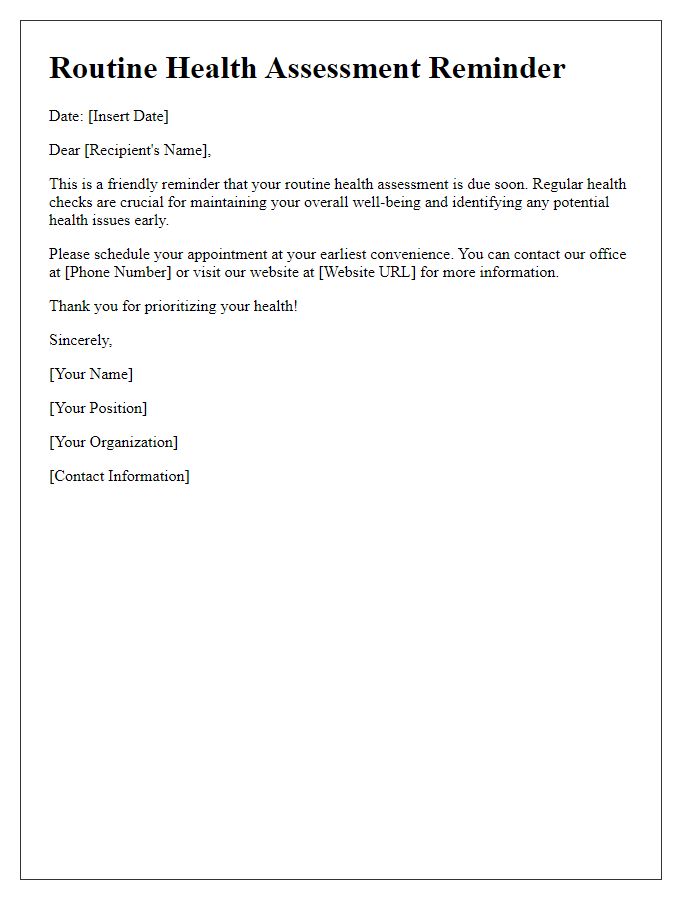 Letter template of Routine Health Assessment Reminder