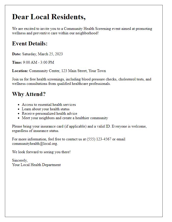 Letter template of community health screening invitation for local residents