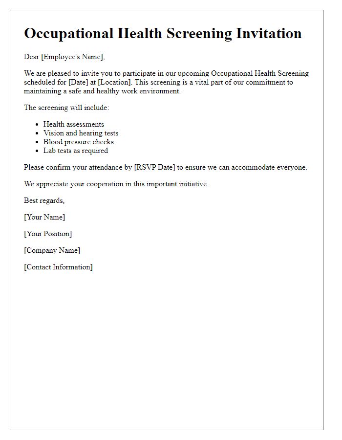 Letter template of occupational health screening invitation for employees