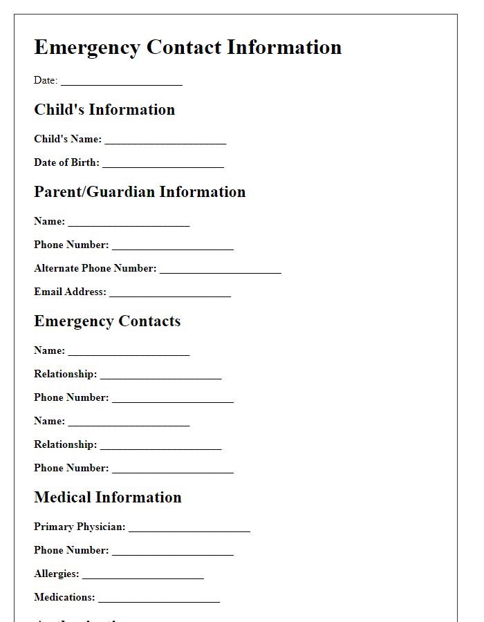 Letter template of medical emergency contact details for child care providers.