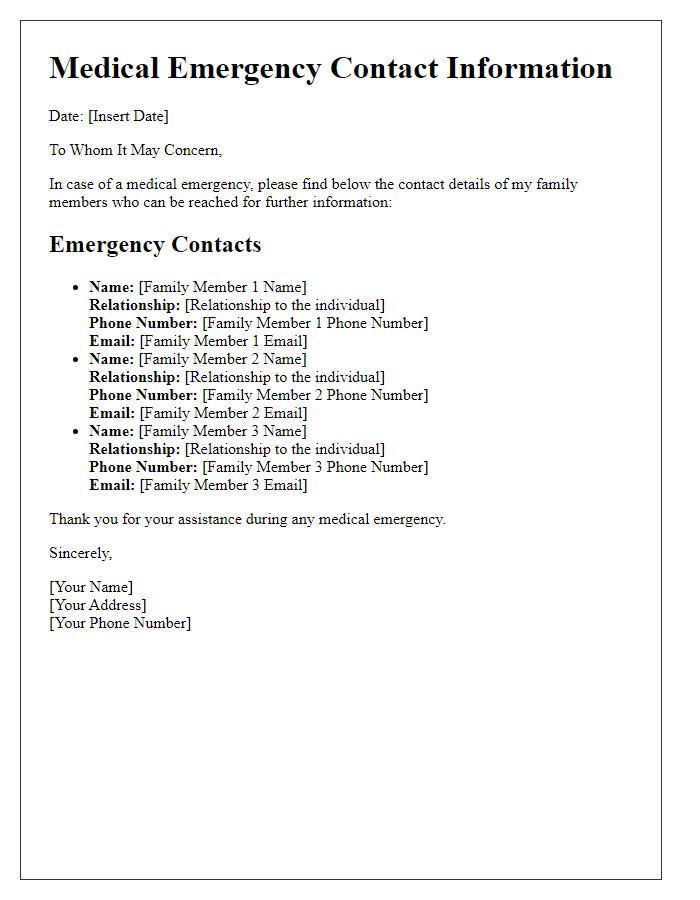 Letter template of medical emergency contact details for family members.