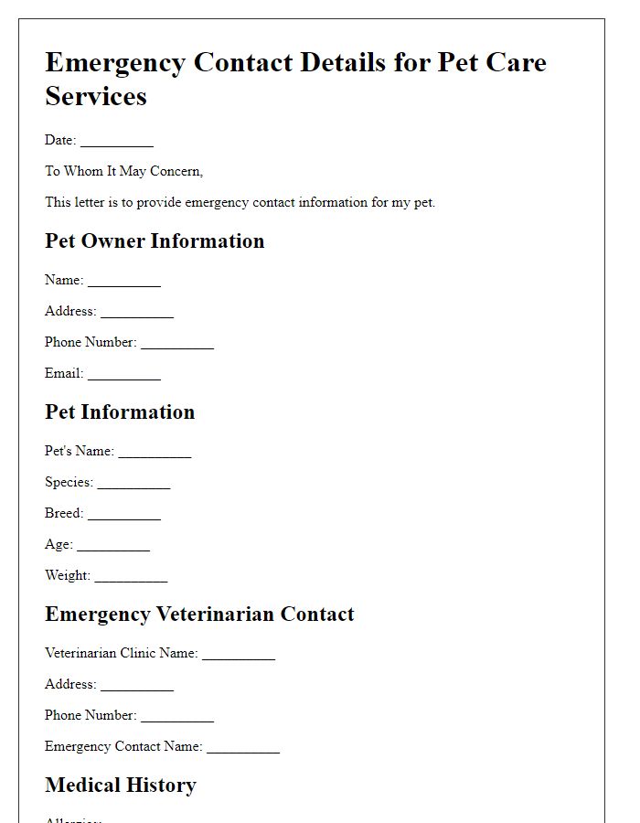 Letter template of medical emergency contact details for pet care services.