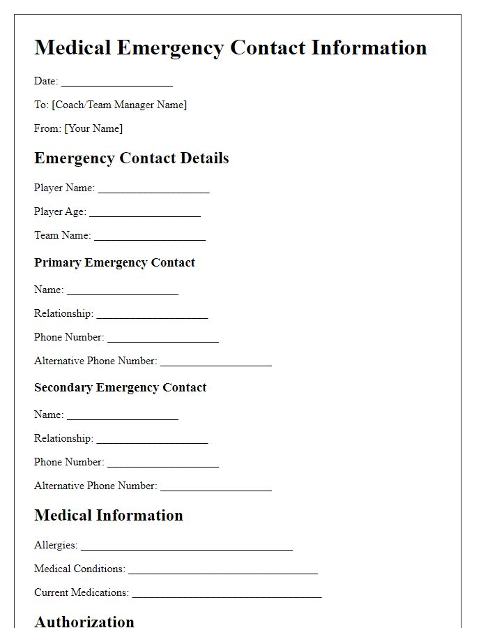 Letter template of medical emergency contact details for sports teams.