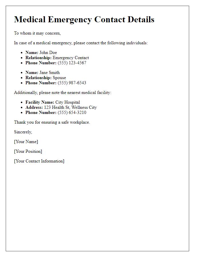 Letter template of medical emergency contact details for workplace safety.