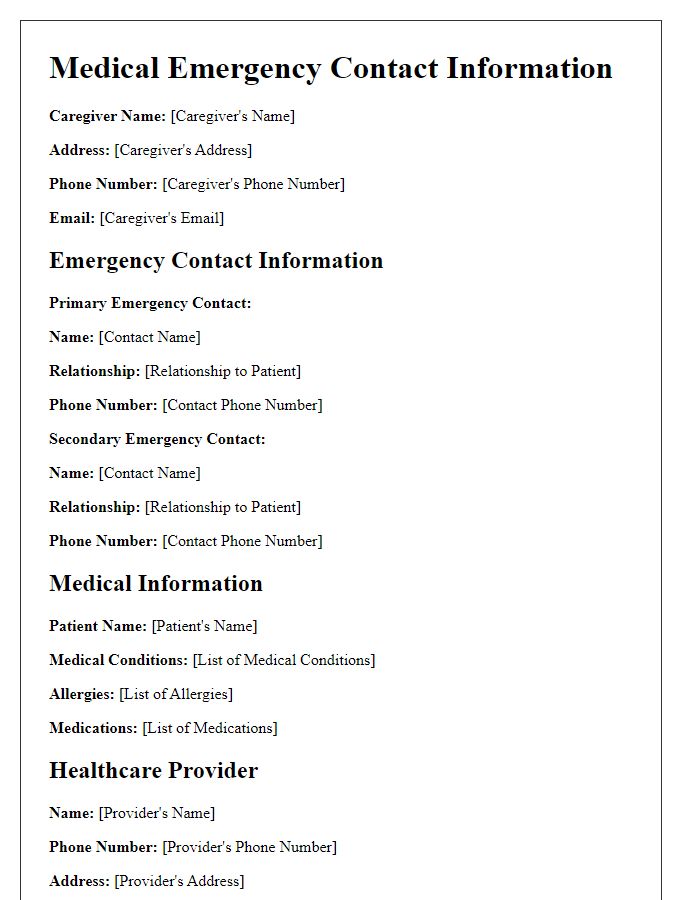 Letter template of medical emergency contact information for caregivers.