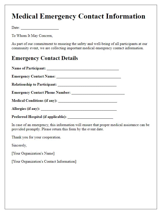 Letter template of medical emergency contact information for community events.