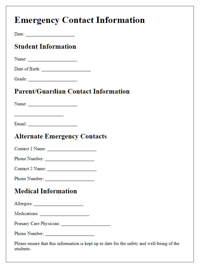 Letter template of medical emergency contact information for schools.