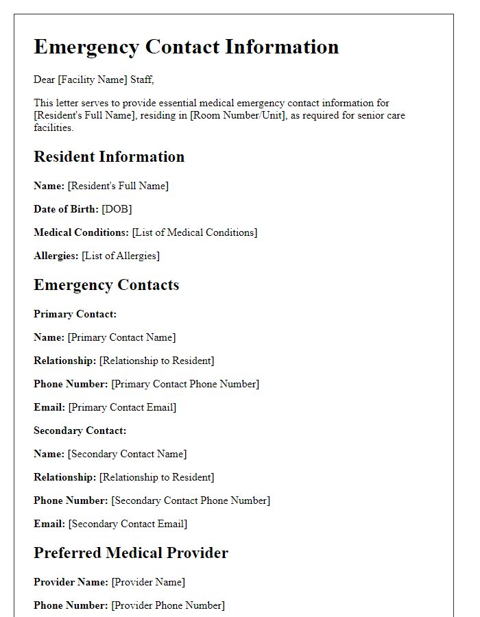 Letter template of medical emergency contact information for senior care facilities.