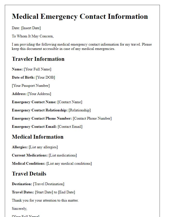 Letter template of medical emergency contact information for travel purposes.