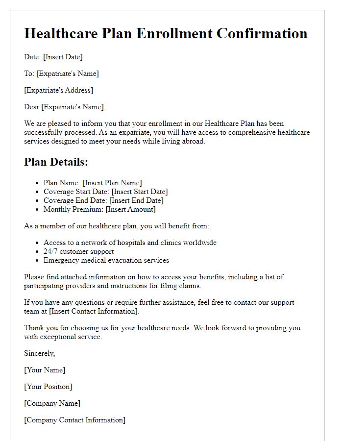 Letter template of healthcare plan enrollment for expatriates.