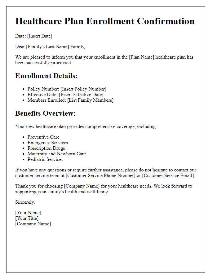 Letter template of healthcare plan enrollment for families.