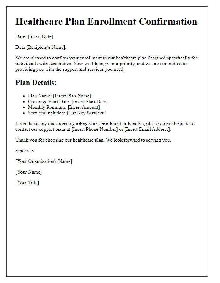 Letter template of healthcare plan enrollment for individuals with disabilities.