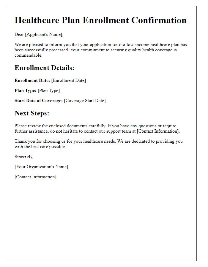 Letter template of healthcare plan enrollment for low-income applicants.