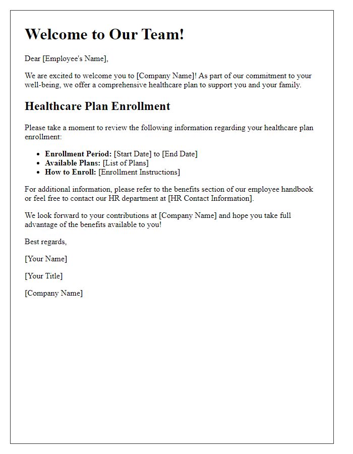 Letter template of healthcare plan enrollment for new employees.