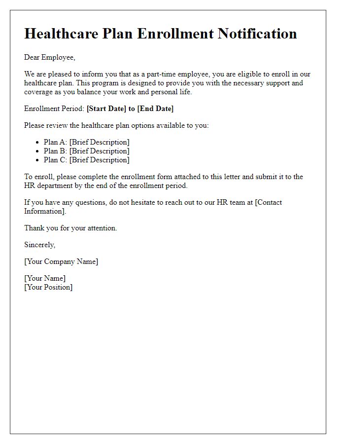 Letter template of healthcare plan enrollment for part-time workers.