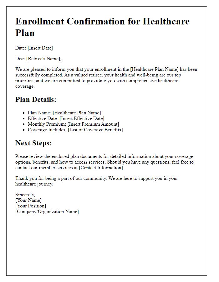 Letter template of healthcare plan enrollment for retirees.