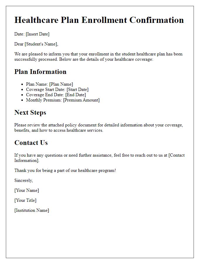 Letter template of healthcare plan enrollment for students.