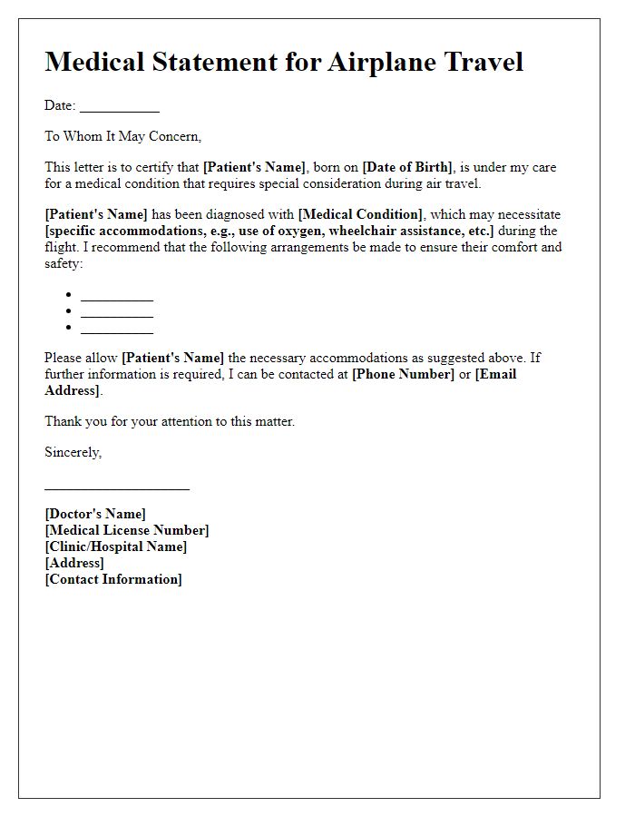 Letter template of medical statement for airplane travel