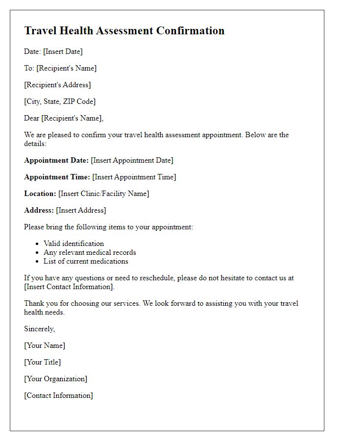 Letter template of travel health assessment confirmation