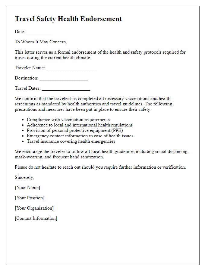 Letter template of travel safety health endorsement