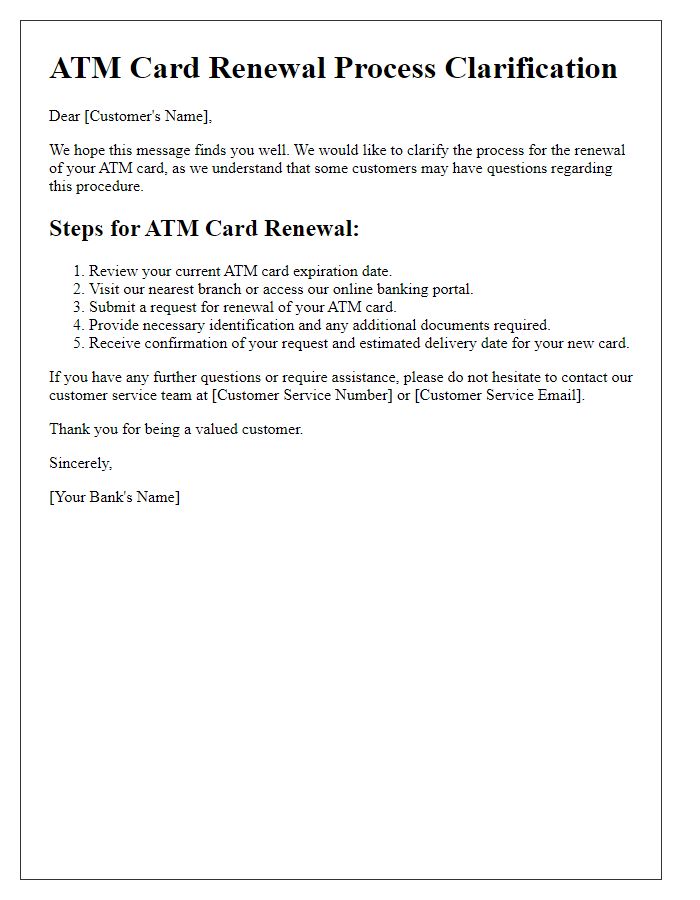 Letter template of ATM card renewal process clarification.