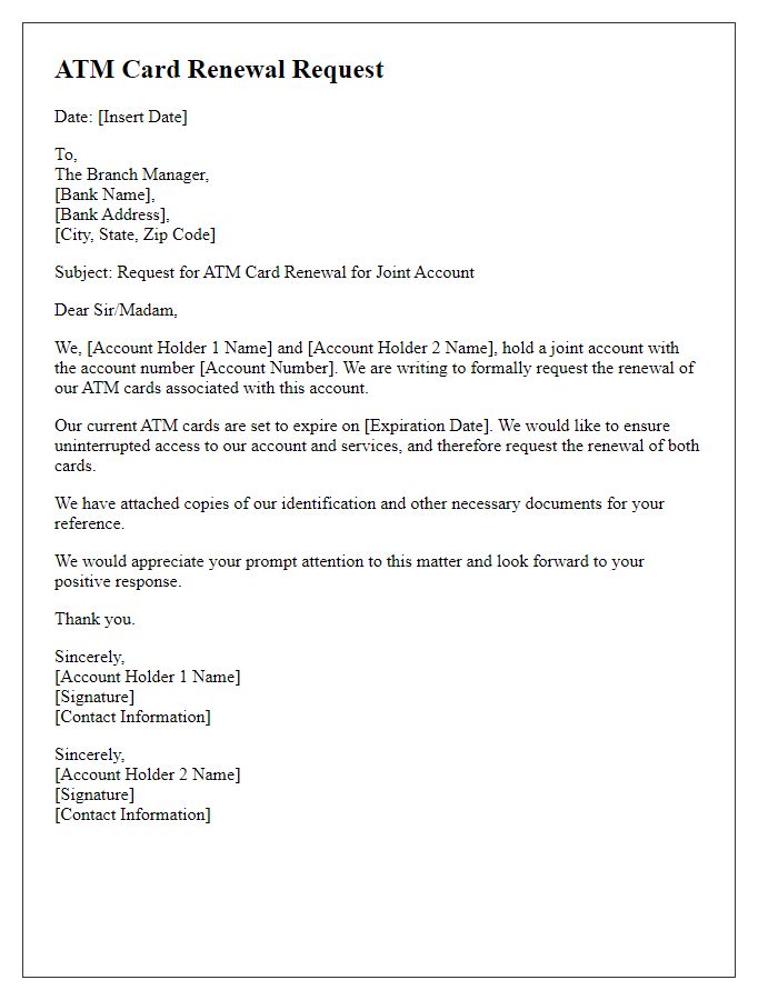 Letter template of ATM card renewal request for joint account holders.