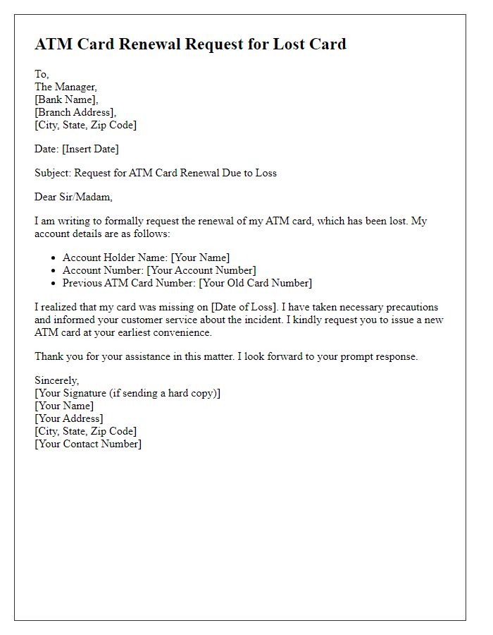 Letter template of ATM card renewal request for lost card.