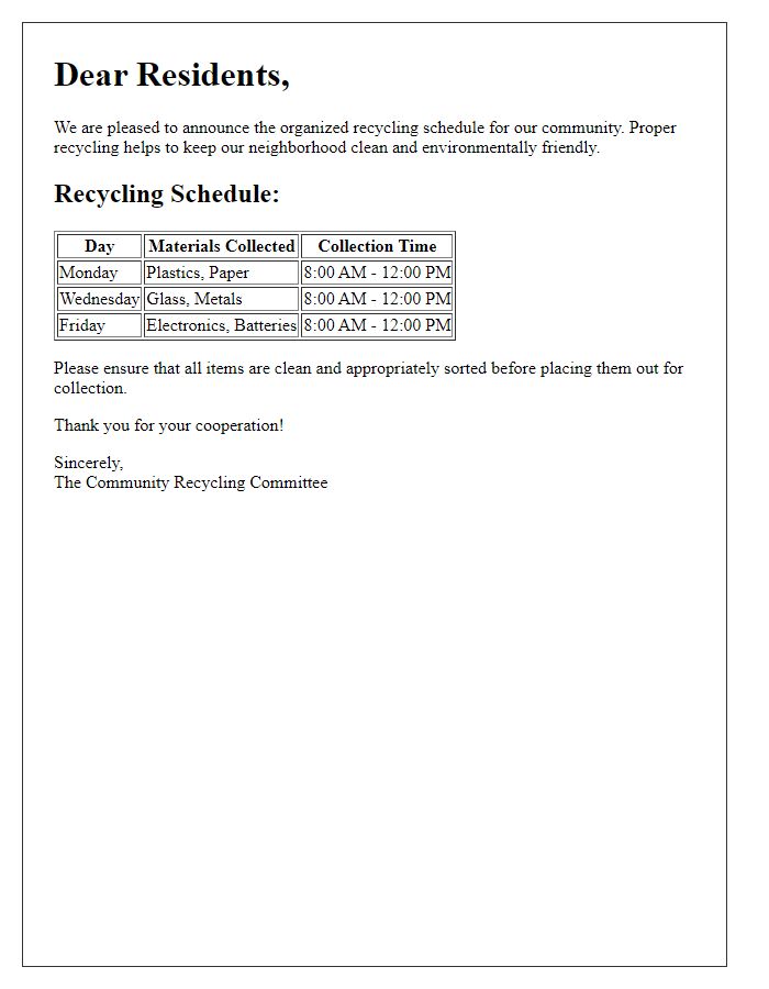 Letter template of organized recycling schedule for residents