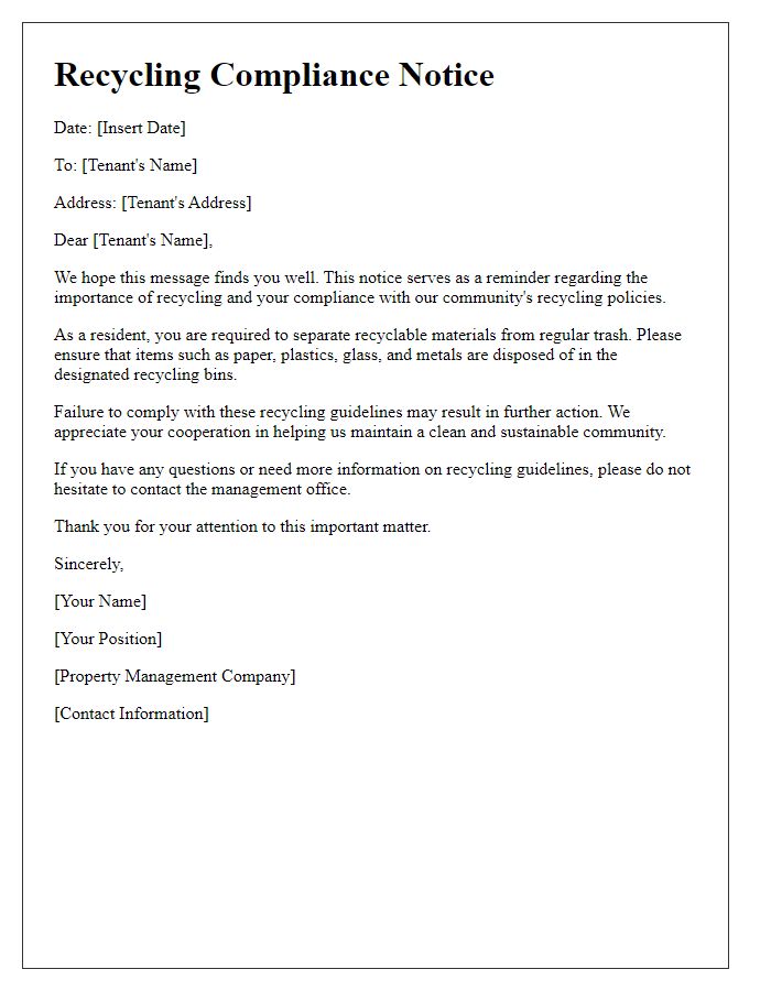 Letter template of recycling compliance notice for tenants