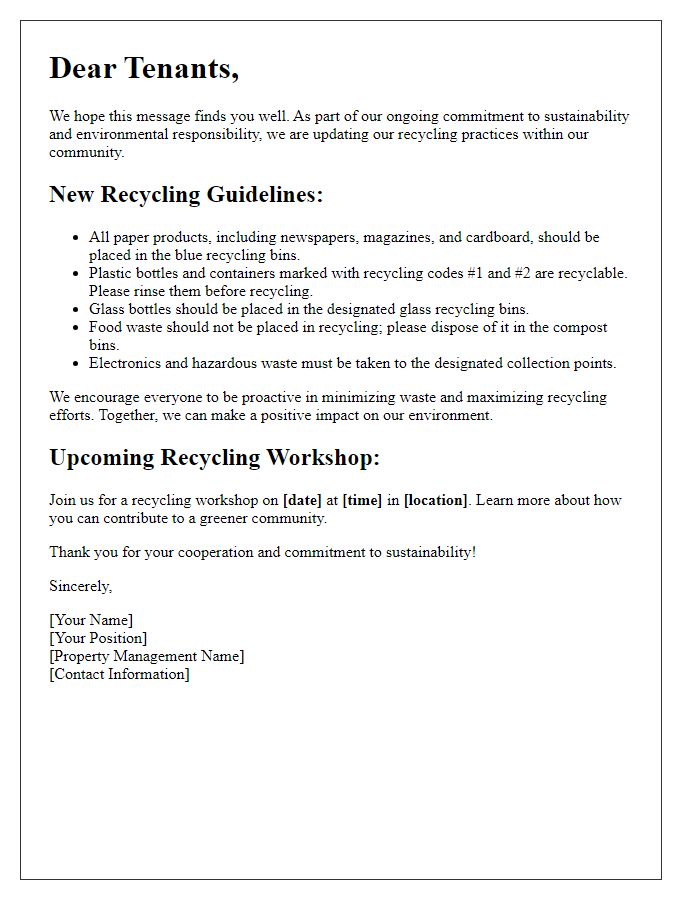 Letter template of recycling practices update for tenants