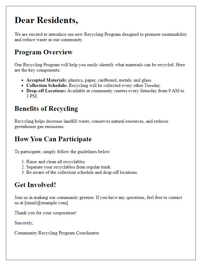 Letter template of recycling program overview for residents