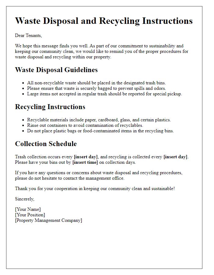 Letter template of tenant waste disposal and recycling instructions