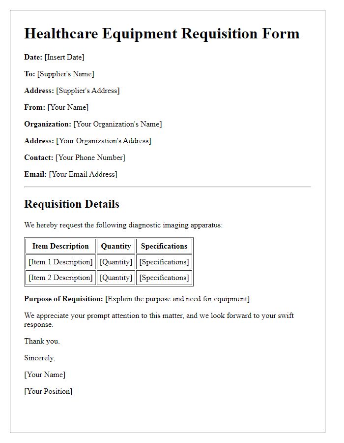 Letter template of healthcare equipment requisition for diagnostic imaging apparatus.