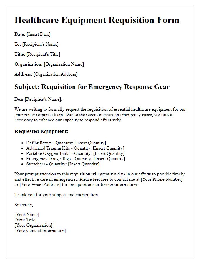 Letter template of healthcare equipment requisition for emergency response gear.