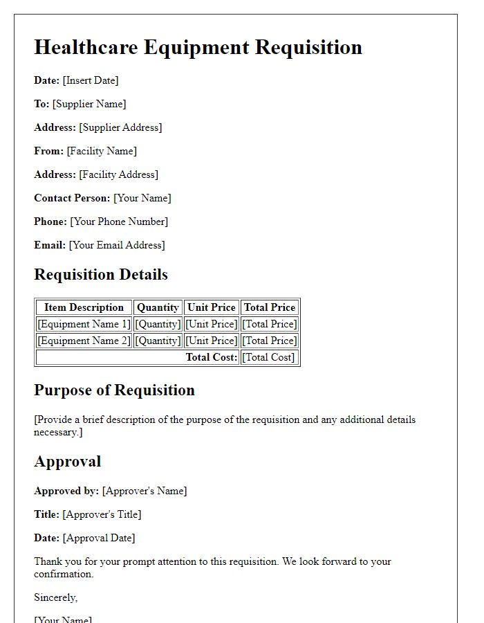 Letter template of healthcare equipment requisition for long-term care facility supplies.