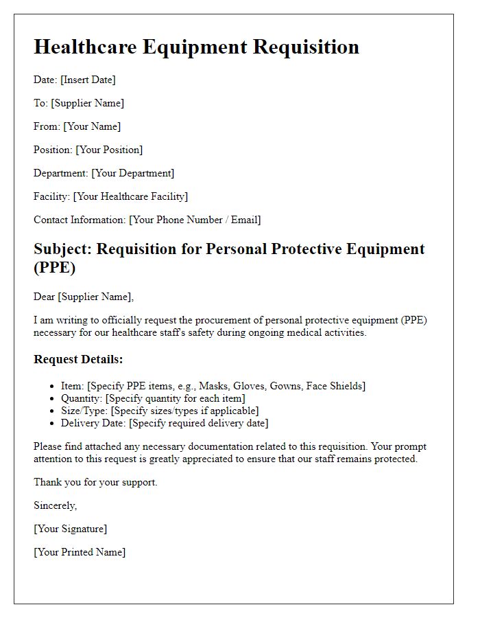 Letter template of healthcare equipment requisition for personal protective equipment (PPE).