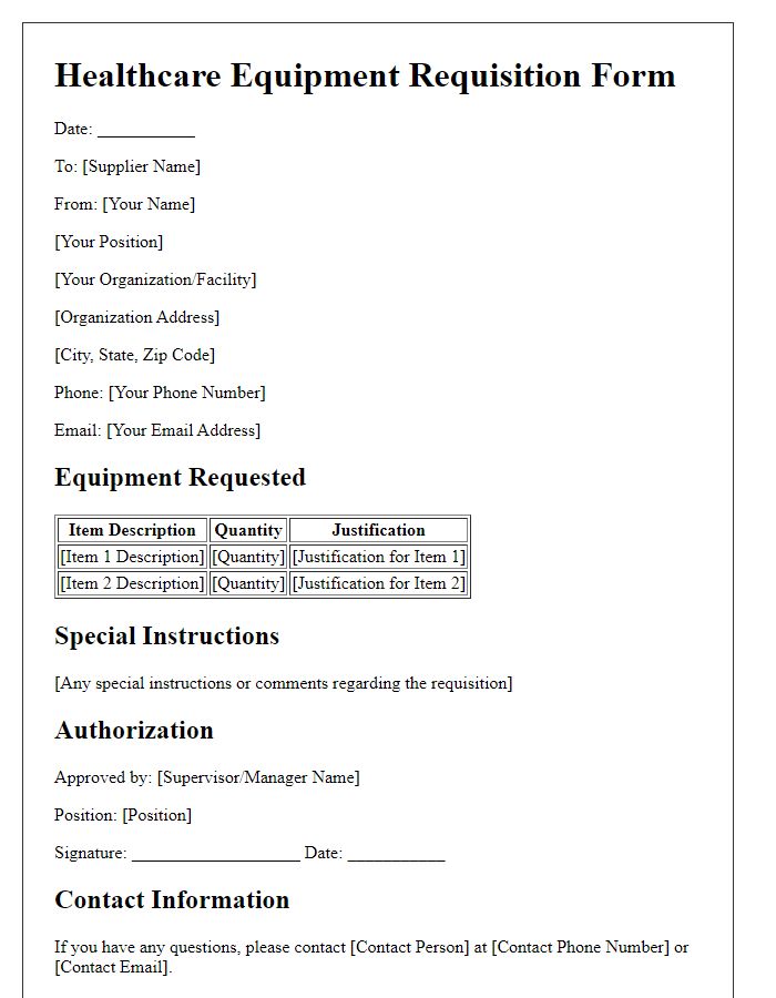 Letter template of healthcare equipment requisition for rehabilitation therapy tools.